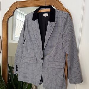 LOFT Gray Plaid Blazer with velvet Collar